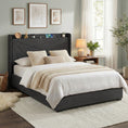 Load image into Gallery viewer, Artiss Queen Bed Frame Gas Lift Storage Bed with Charging Ports Upholstered Geometric Headboard Charcoal Grey