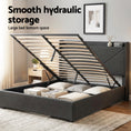 Load image into Gallery viewer, Artiss Queen Bed Frame Gas Lift Storage Bed with Charging Ports Upholstered Geometric Headboard Charcoal Grey