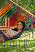 Load image into Gallery viewer, Mayan Legacy Queen Size Outdoor Cotton Mexican Resort Hammock With Fringe in Mexicana Colour