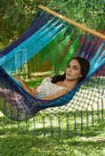 Load image into Gallery viewer, Mayan Legacy Queen Size Outdoor Cotton Mexican Resort Hammock With Fringe in Oceanica Colour