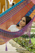Load image into Gallery viewer, Outdoor undercover cotton Mayan Legacy hammock with hand crocheted tassels King Size Colorina
