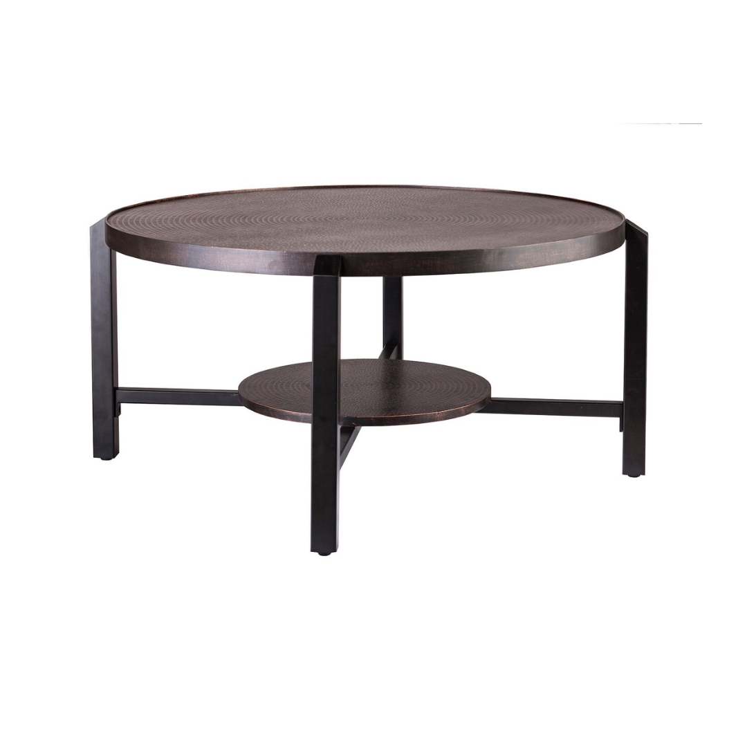 Black Round Coffee Table with Storage Shelf in Copper Finish Top