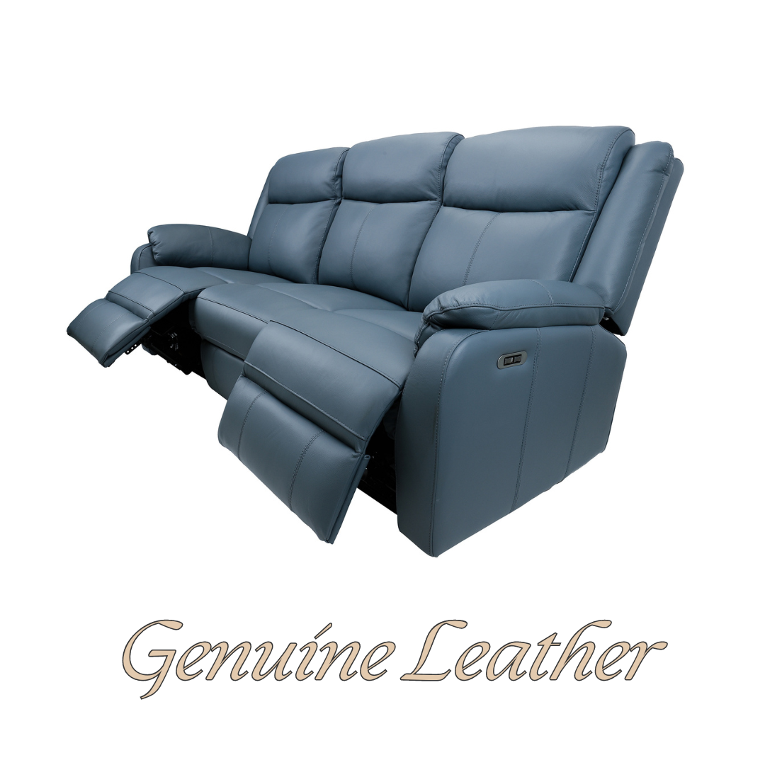 Bella 3 Seater Electric Recliner Genuine Leather Upholstered Lounge - Blue