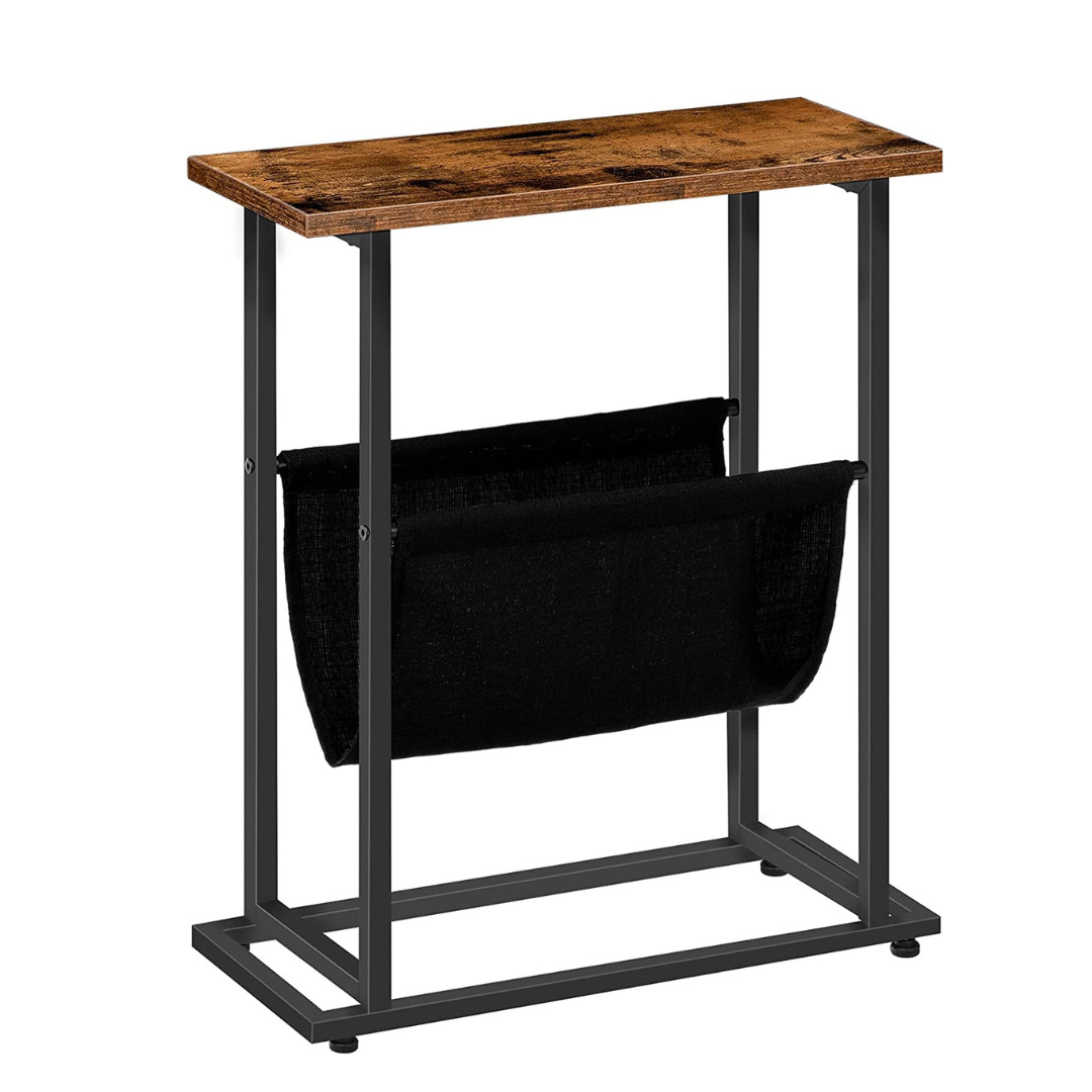 Industrial Side Table with Magazine Holder Sling and Metal Structure (Brown)