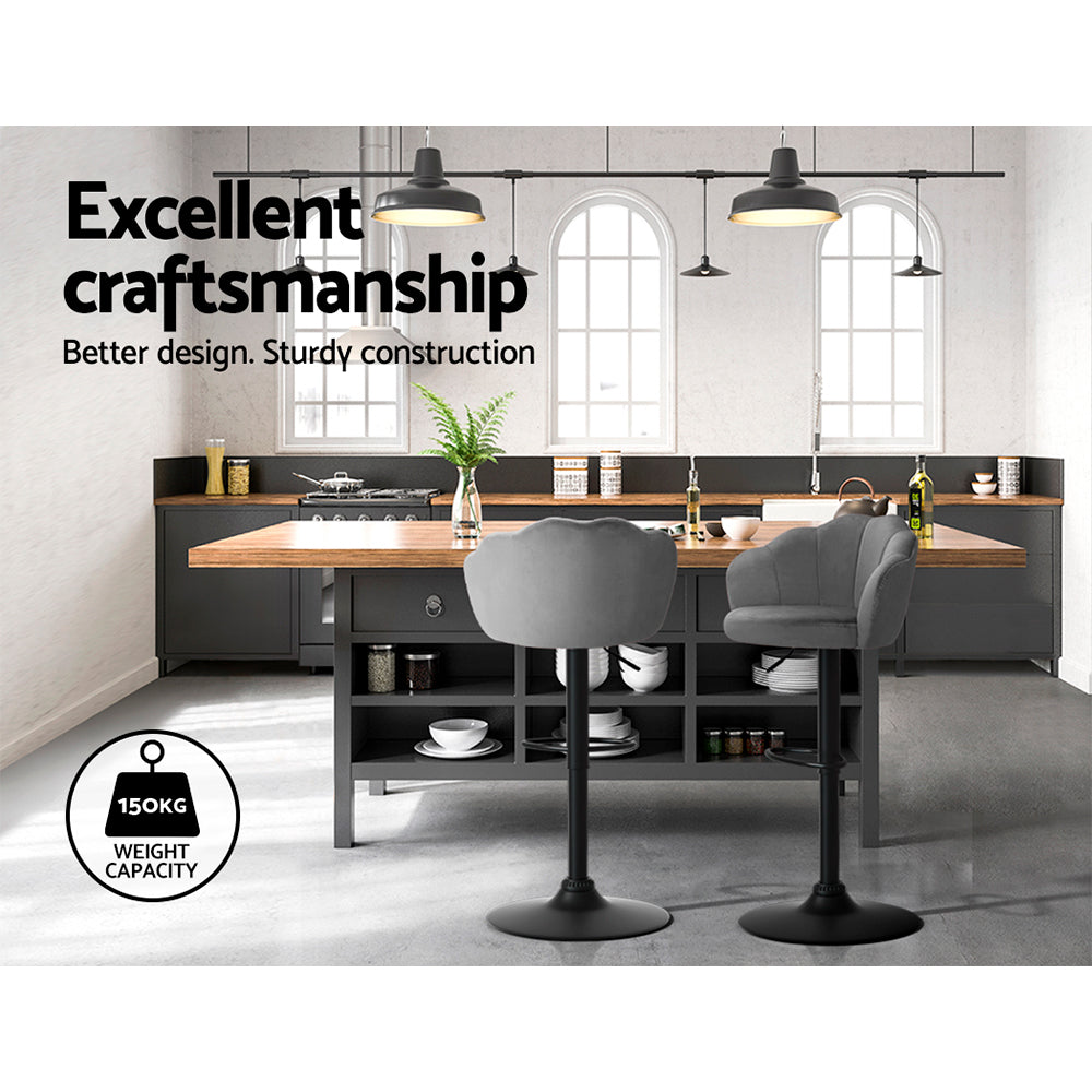 Emily Set of 2 Bar Stools Kitchen Stool Swivel Chair Gas Lift Velvet Chairs Grey Nessah