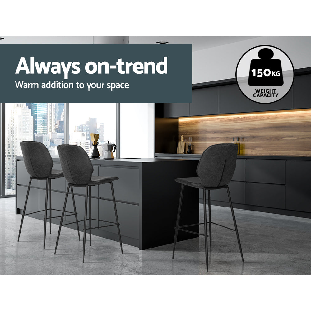 Emily Set of 2 Bar Stools Kitchen Stool Barstool Dining Chairs Leather Black Kingsley