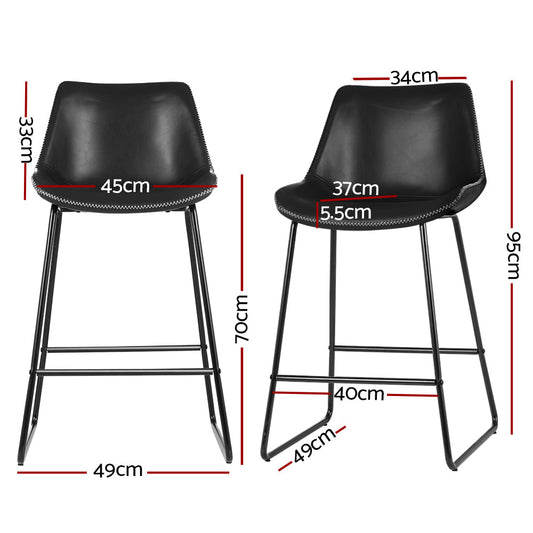 Emily Set of 2 Bar Stools Kitchen Metal Bar Stool Dining Chairs PU Leather Black