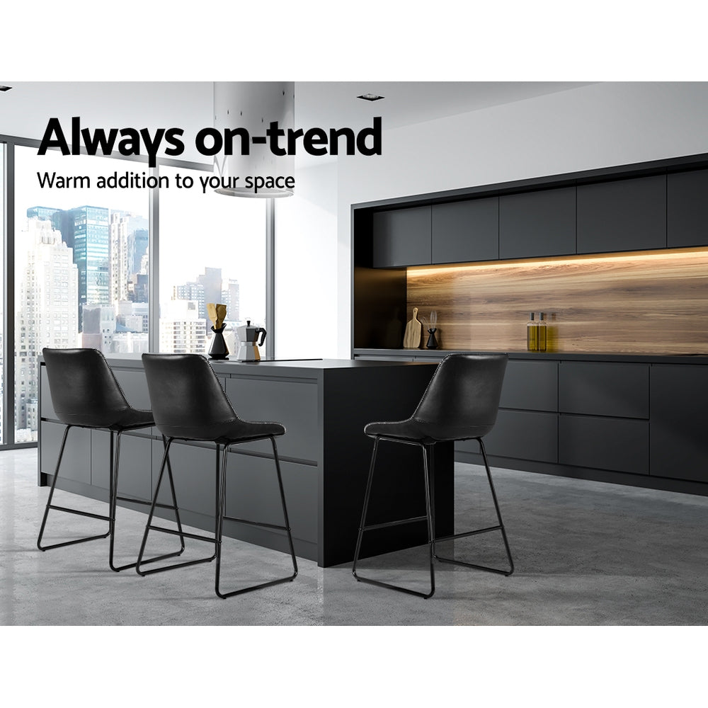 Emily Set of 2 Bar Stools Kitchen Metal Bar Stool Dining Chairs PU Leather Black