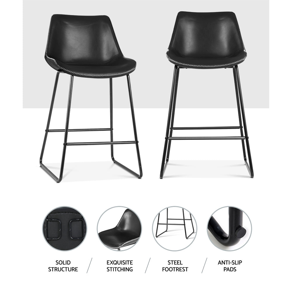 Emily Set of 2 Bar Stools Kitchen Metal Bar Stool Dining Chairs PU Leather Black
