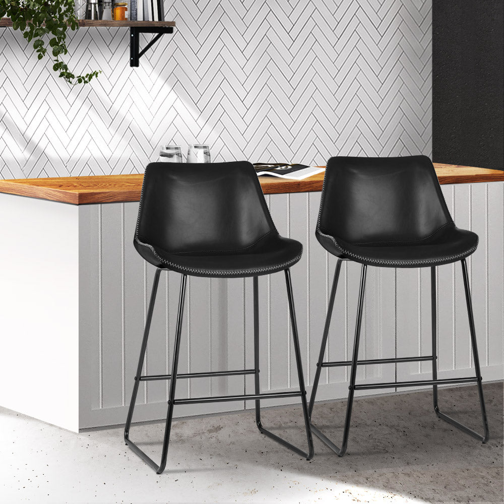 Emily Set of 2 Bar Stools Kitchen Metal Bar Stool Dining Chairs PU Leather Black