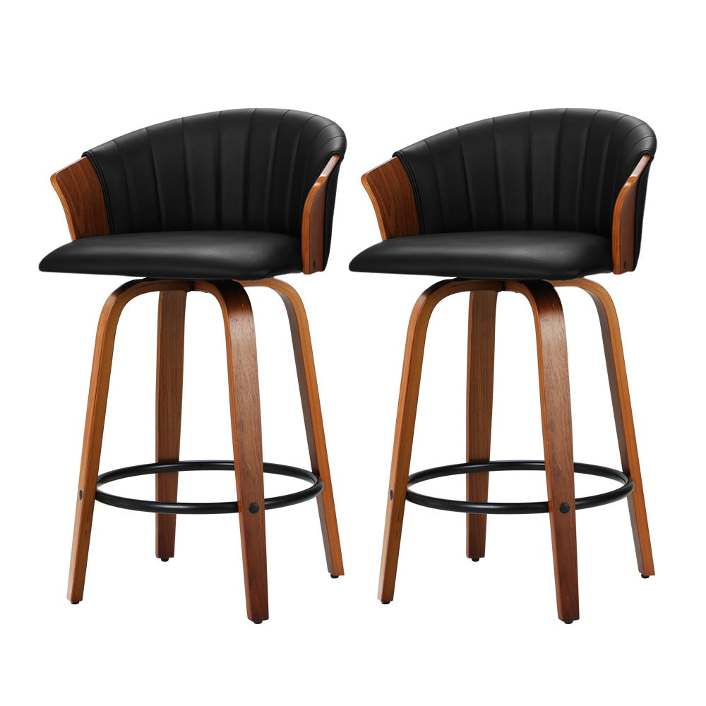 Emily Set of 2 Bar Stools Kitchen Stool Wooden Chair Swivel Chairs Leather Black