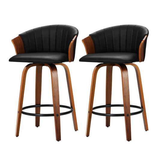 Emily Set of 2 Bar Stools Kitchen Stool Wooden Chair Swivel Chairs Leather Black
