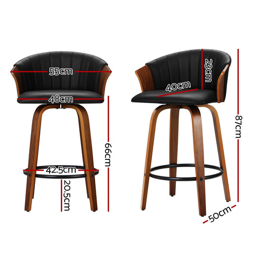 Emily Set of 2 Bar Stools Kitchen Stool Wooden Chair Swivel Chairs Leather Black