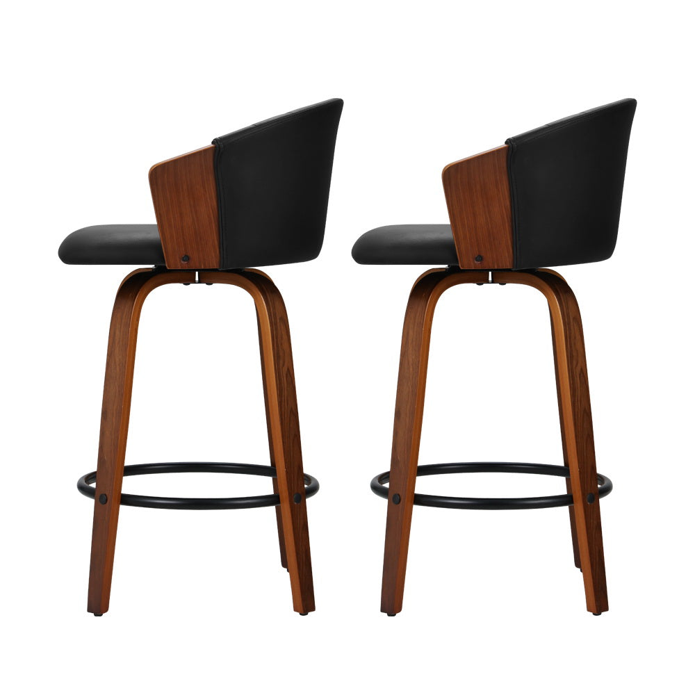 Emily Set of 2 Bar Stools Kitchen Stool Wooden Chair Swivel Chairs Leather Black
