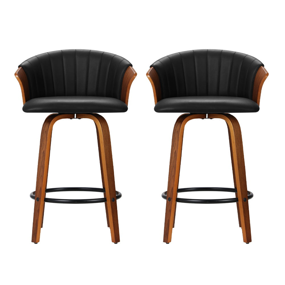 Emily Set of 2 Bar Stools Kitchen Stool Wooden Chair Swivel Chairs Leather Black