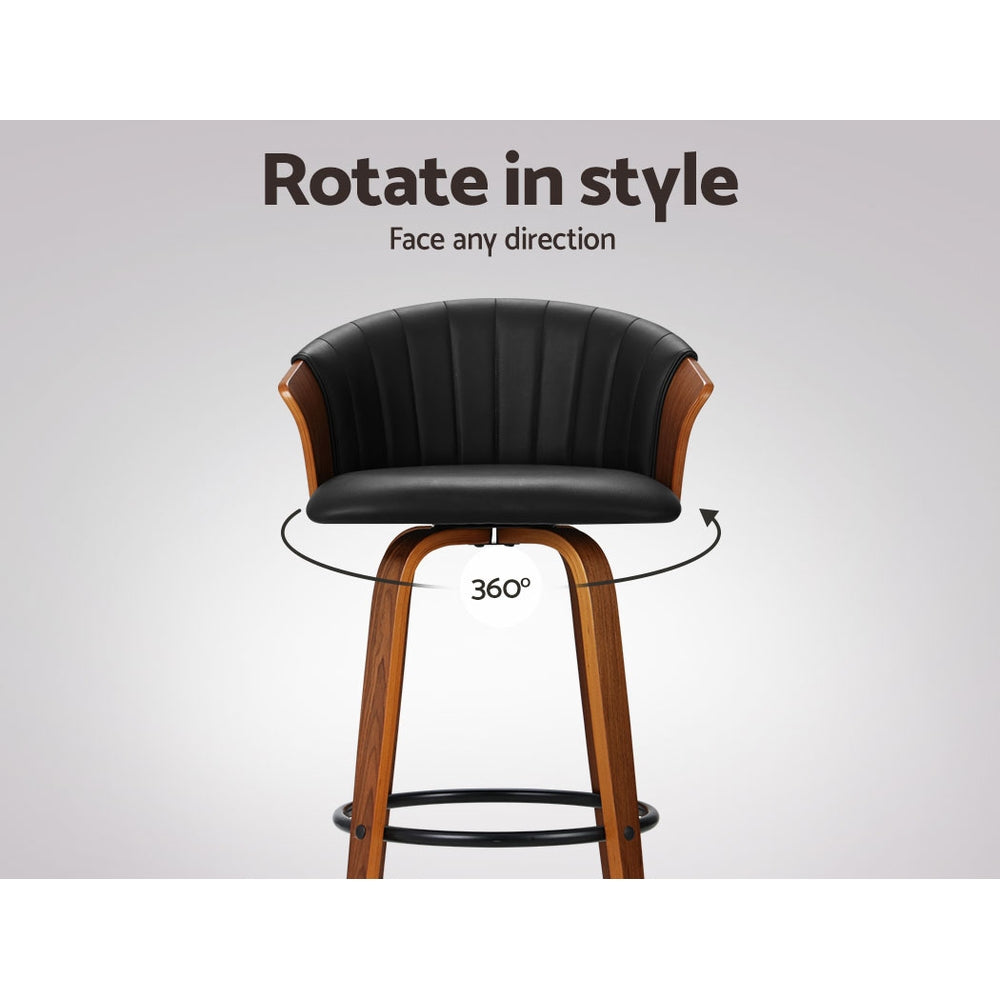 Emily Set of 2 Bar Stools Kitchen Stool Wooden Chair Swivel Chairs Leather Black