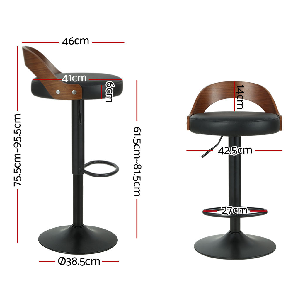 Emily Set of 2 Bar Stools Kitchen Gas Lift Wooden Stool Metal Barstools Black Swivel