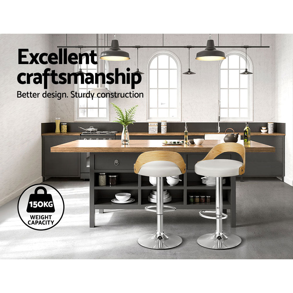 Emily Set of 2 Bar Stools Kitchen Gas Lift Wooden Stool Metal Barstools White Swivel