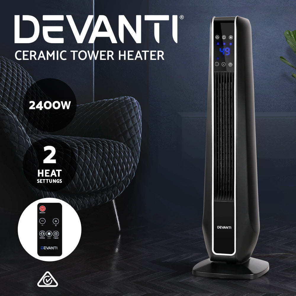 2400W Electric Ceramic Tower Cold and Fan Heater Remote Control Portable Oscillating Black