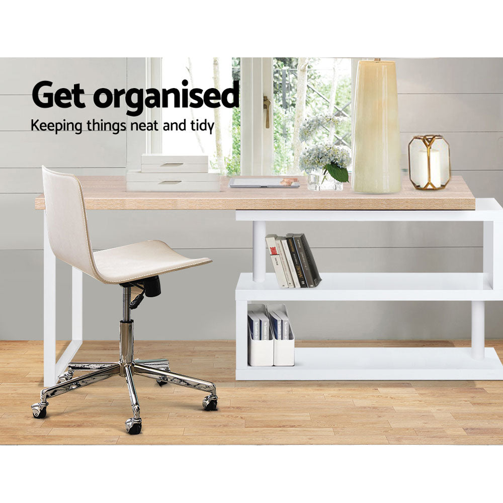 Emily Rotary Corner Desk with Bookshelf - Brown & White