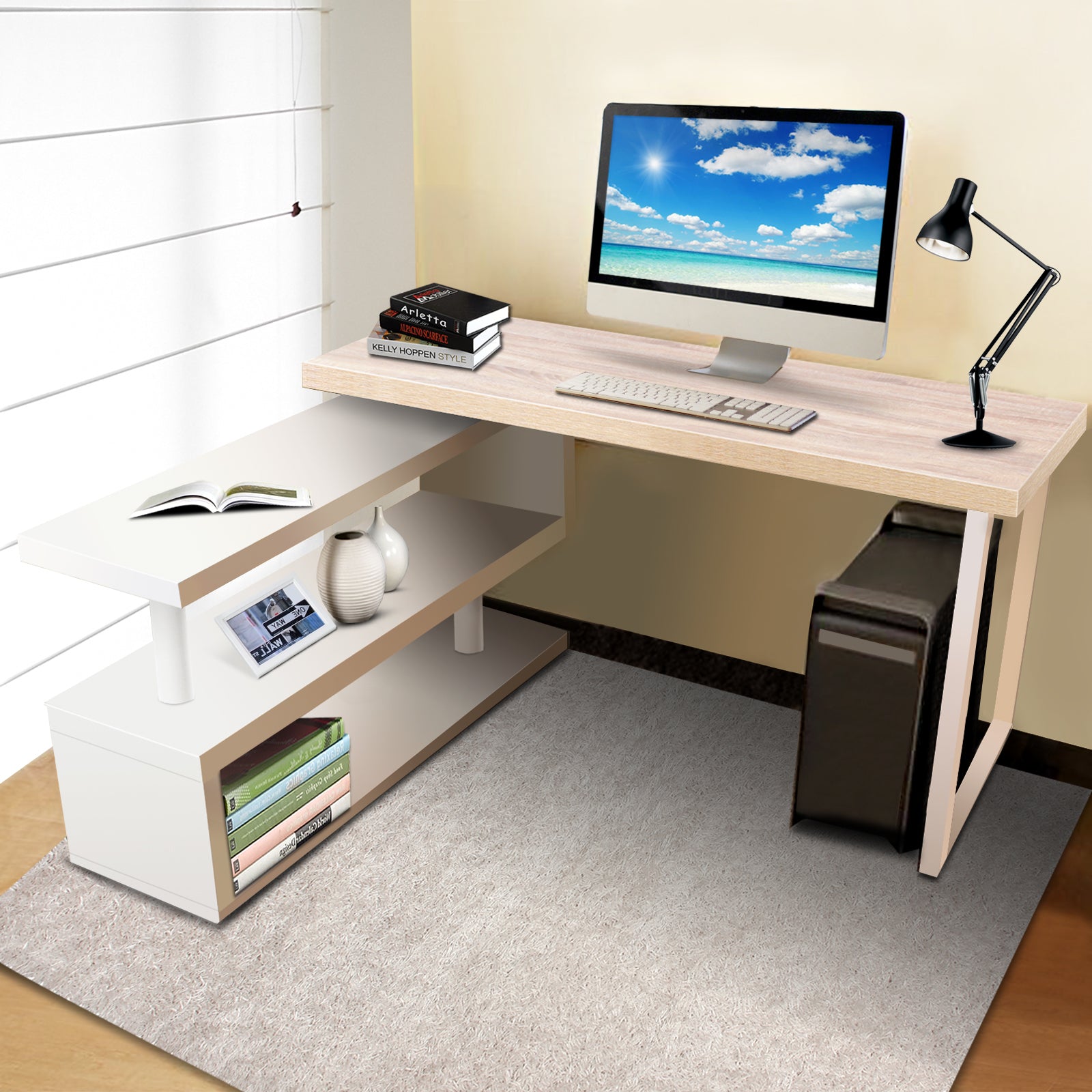 Emily Rotary Corner Desk with Bookshelf - Brown & White
