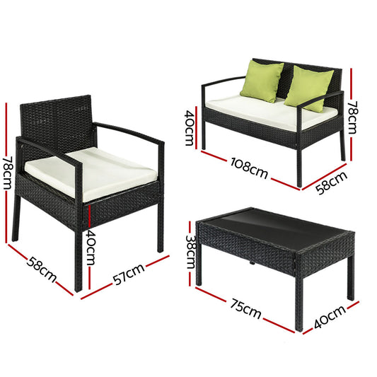 4 Seater Sofa Set Outdoor Furniture Lounge Setting Wicker Chairs Table Rattan Lounger Bistro Patio Garden Cushions Black