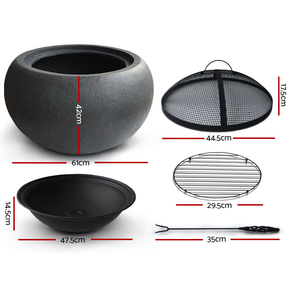 Concrete Look Fire Pit Bowl BBQ Heater Charcoal Wood Portable Grill Cooking Camping Outdoor