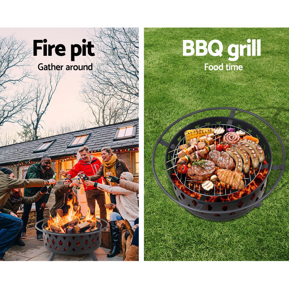 32" Steel Fire Pit Smoker BBQ Grill Heater Charcoal Wood Portable Outdoor