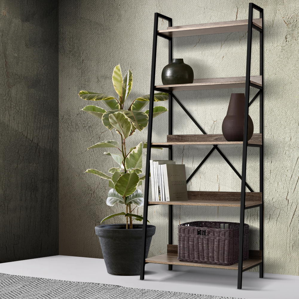 Emily Bookshelf 5Tier Metal Bookcase Bookshelves Oak Book Shelf Display Storage