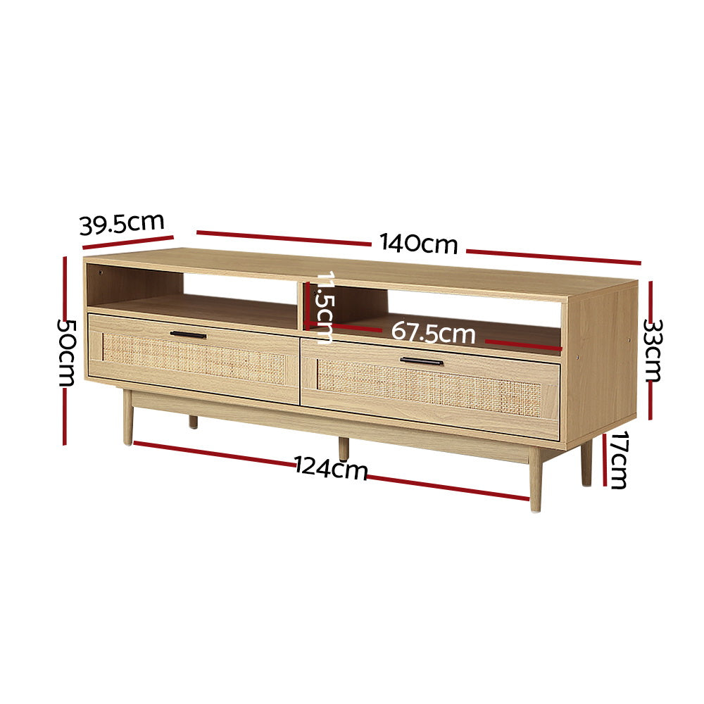 Rattan TV Cabinet Entertainment Unit 140CM Stand Wooden Storage Drawer Wicker Woven