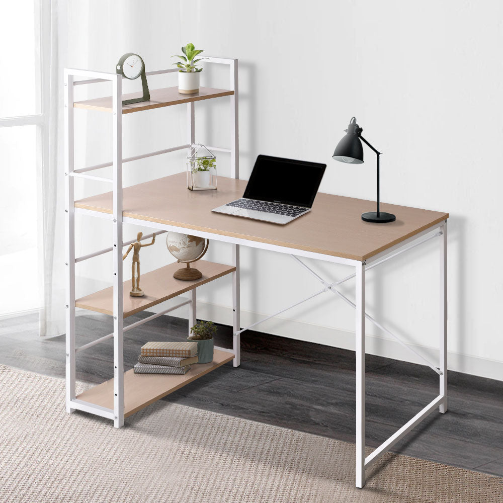 Emily Metal Desk with Shelves - White with Oak Top