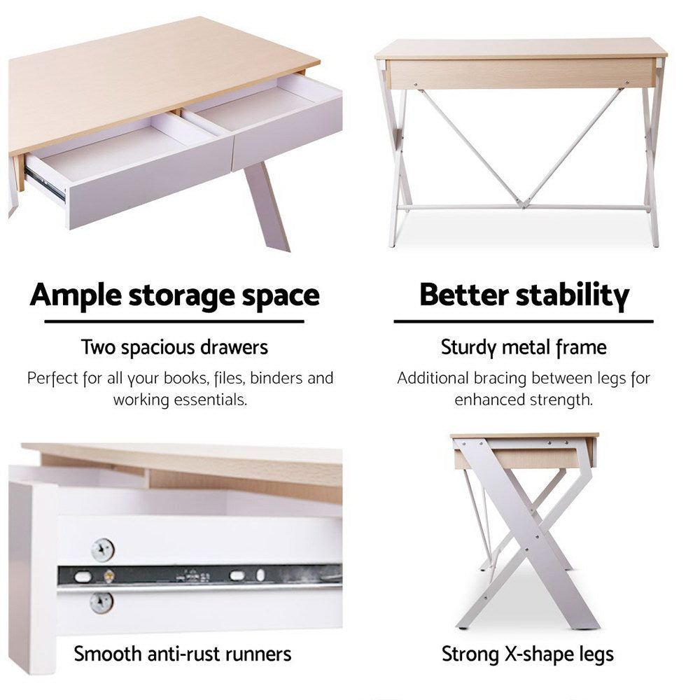 Emily Metal Desk with Drawer - White with Oak Top