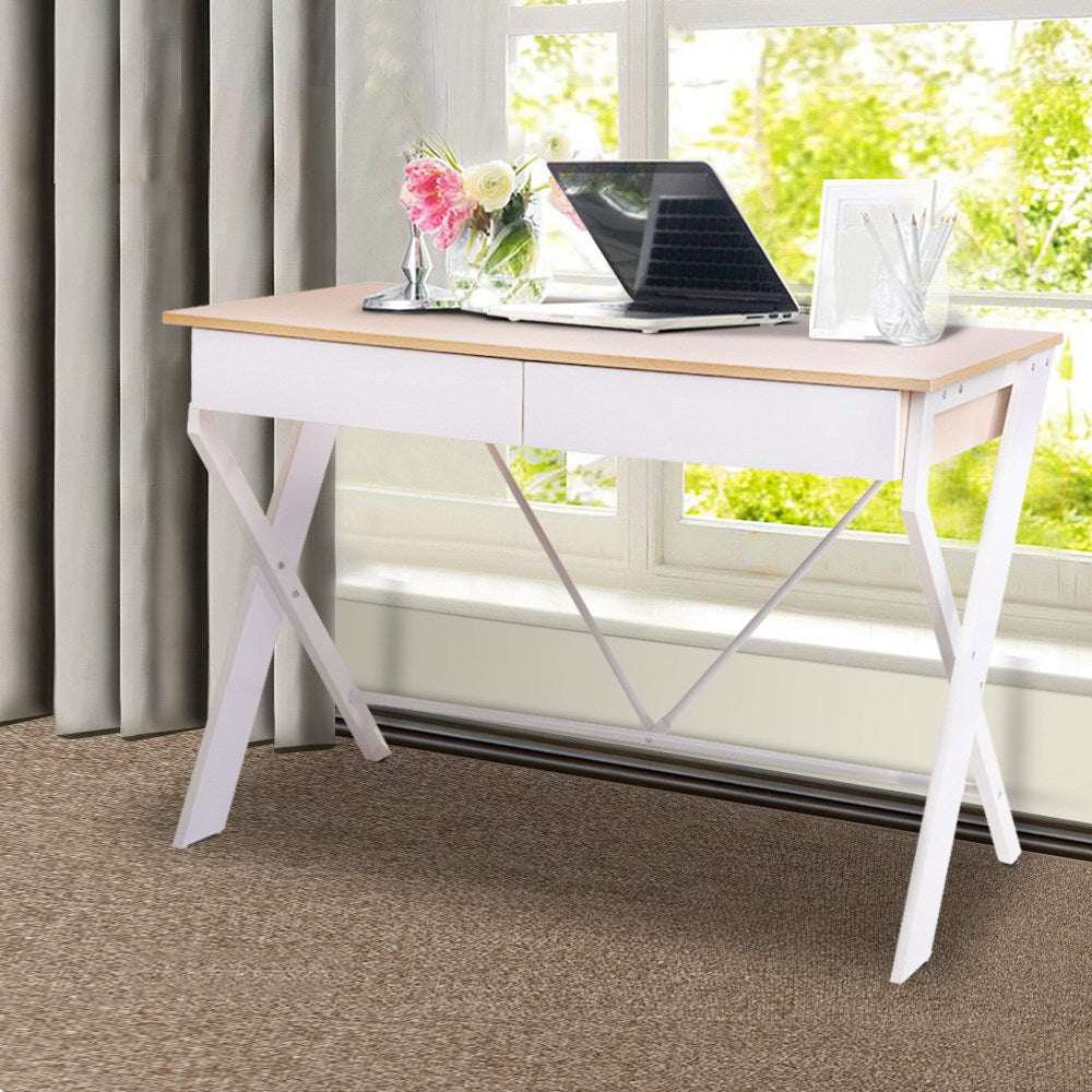 Emily Metal Desk with Drawer - White with Oak Top