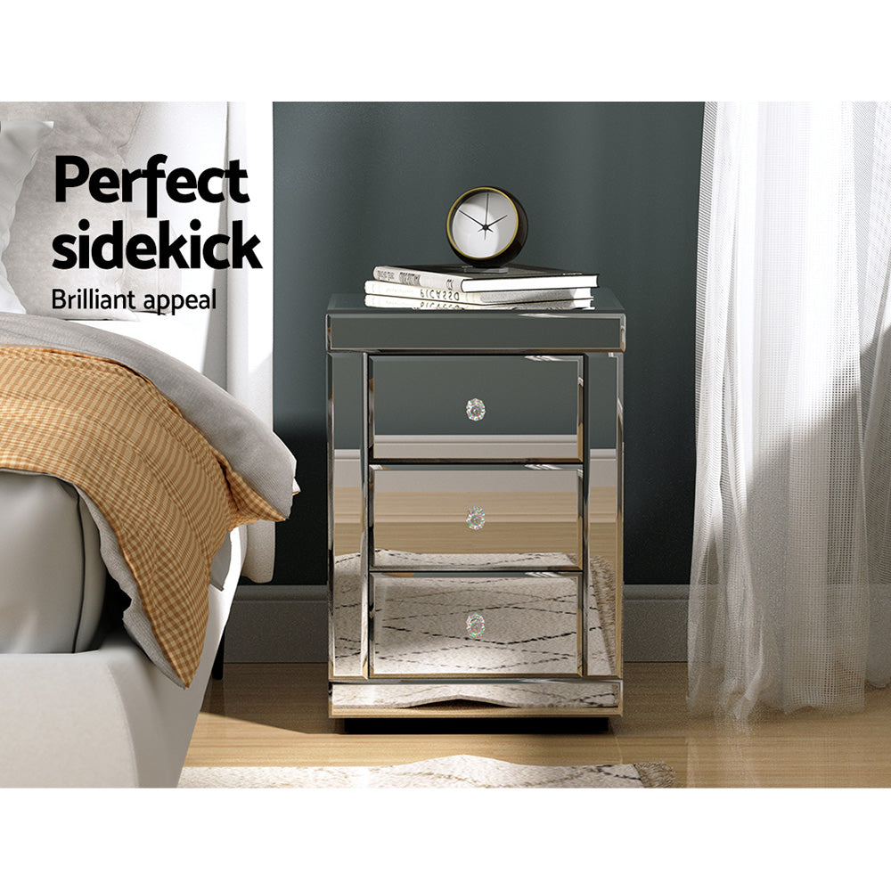 Artiss Mirrored Bedside Table Drawers Furniture Mirror Glass Presia Silver