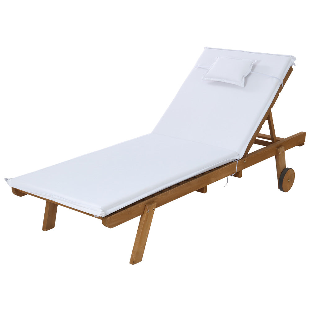 Gardeon Sun Lounge Wooden Lounger Outdoor Furniture Day Bed Wheel Patio White