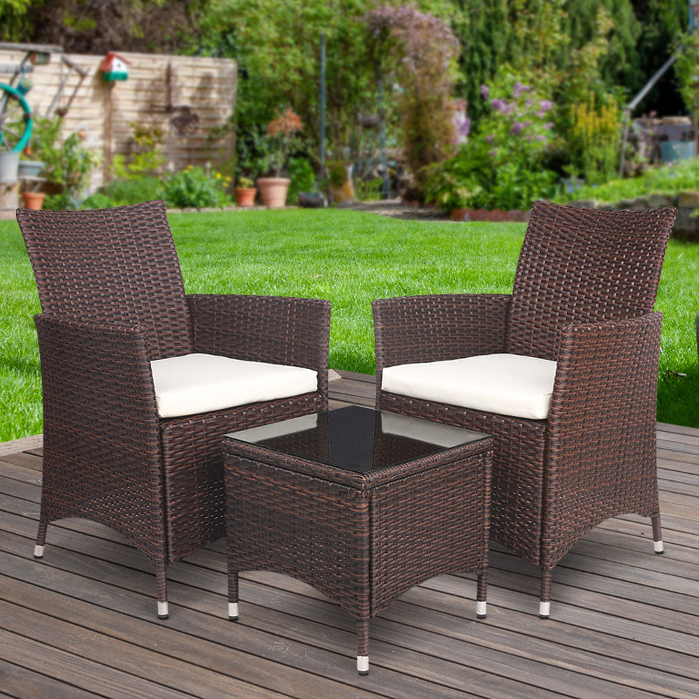 Gardeon 3pc Bistro Wicker Outdoor Furniture Set Brown