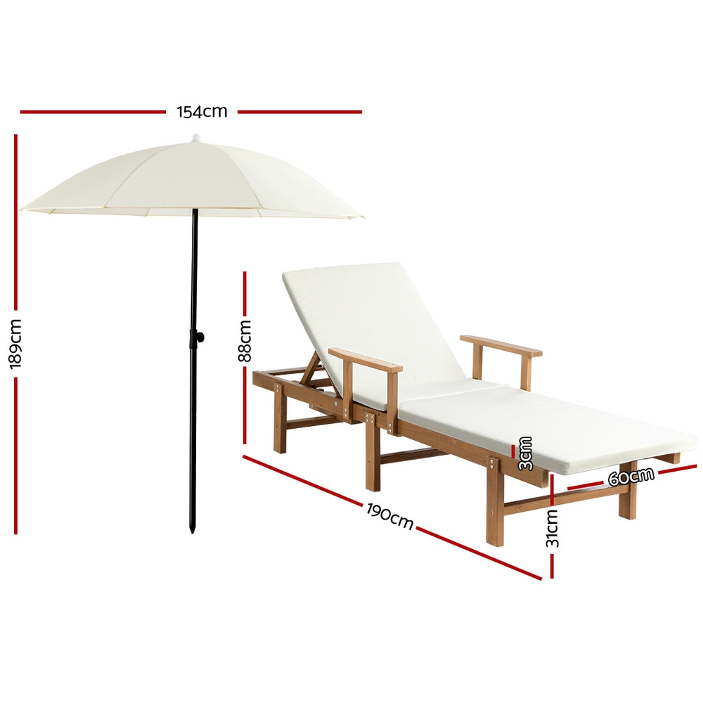 Gardeon Sun Lounge Wood Lounger Outdoor Furniture Umbrella Day Bed Wheel Patio