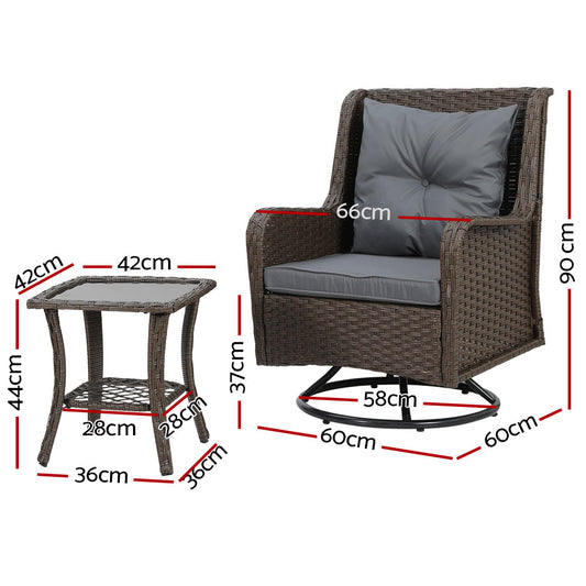 Gardeon Outdoor Chairs Patio Furniture Lounge Setting 3 Pcs Wicker Swivel Chair Table Bistro Set