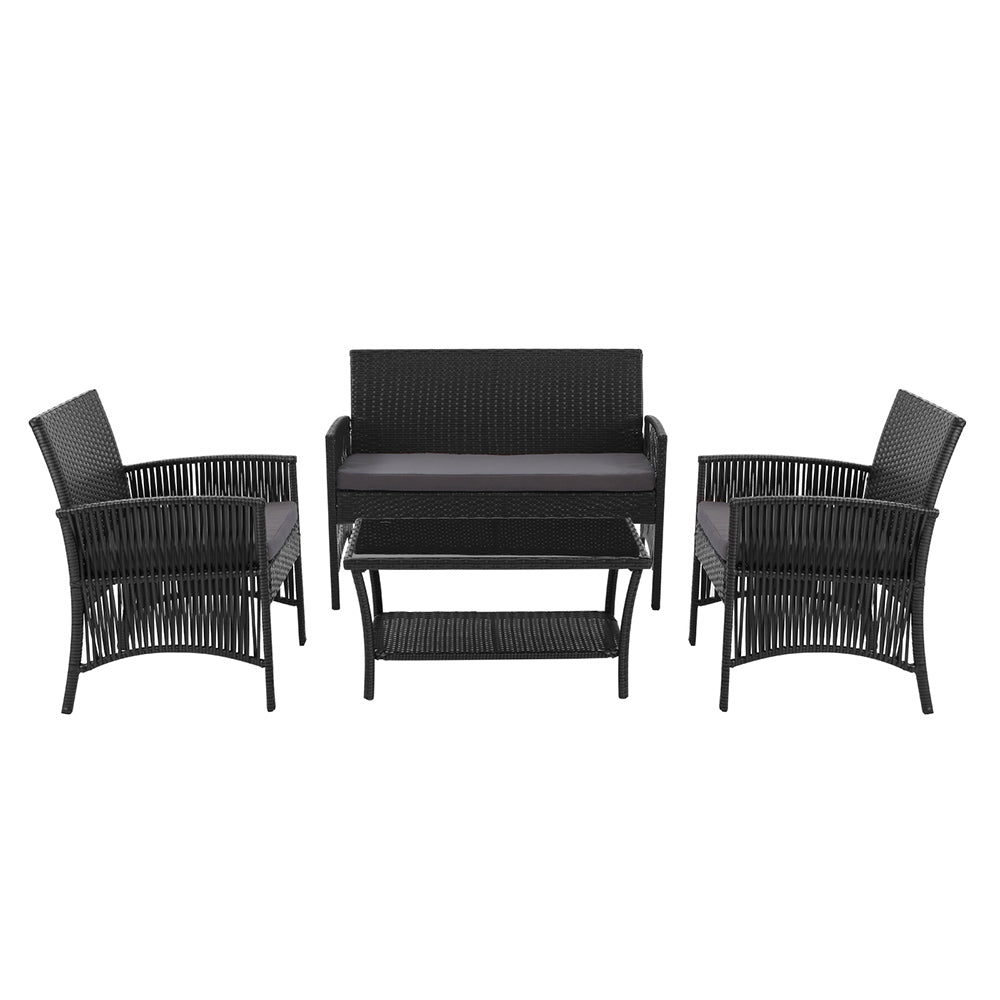 Gardeon 4 PCS Outdoor Furniture Lounge Setting Wicker Dining Set Black