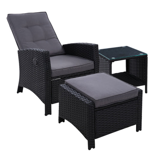 Gardeon Outdoor Setting Recliner Chair Table Set Wicker lounge Patio Furniture Black