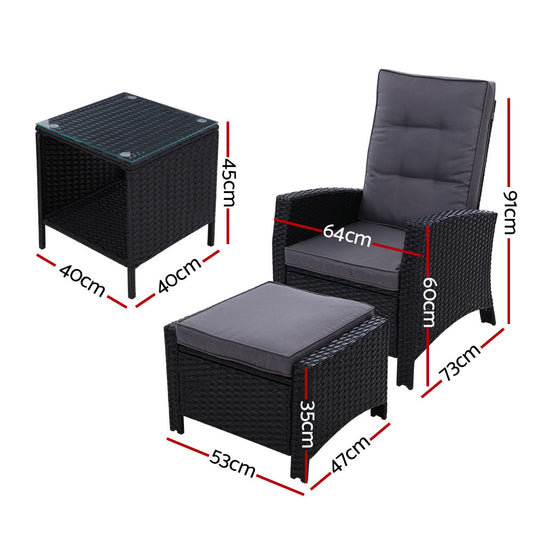 Gardeon Outdoor Setting Recliner Chair Table Set Wicker lounge Patio Furniture Black