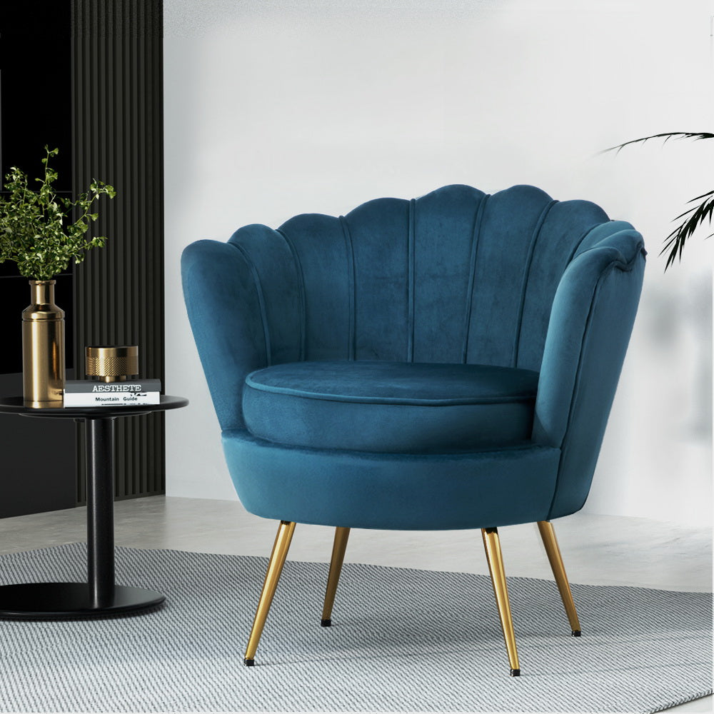 Velvet Armchair Lounge Retro Accent Chair Upholstered Couch Sofa Bedroom Seater Blue Navy