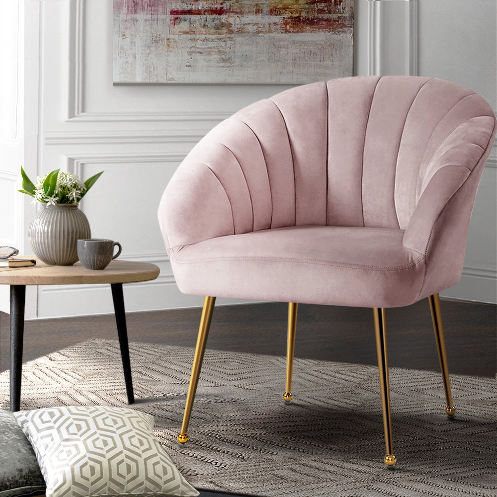 Velvet Armchair Lounge Retro Accent Chair Upholstered Couch Sofa Bedroom Seater Pink