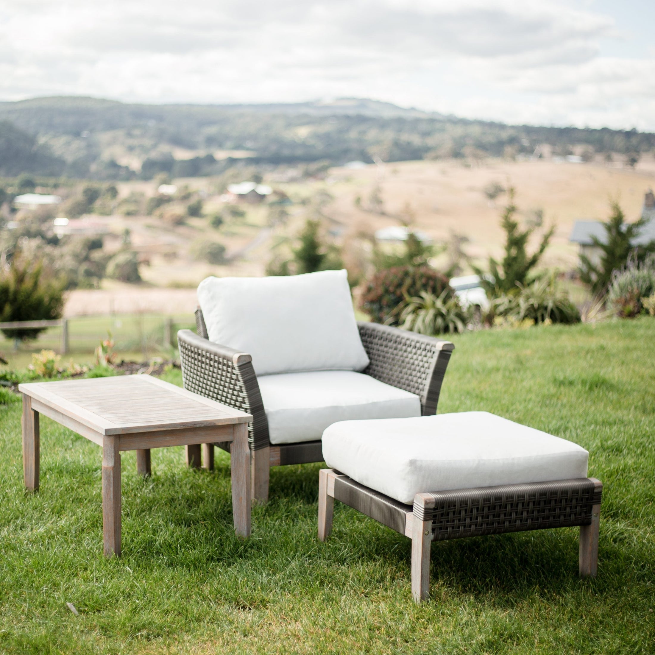 3 piece set Indoor Outdoor Armchair Ottoman Coffee Table Wicker Rattan Woven - Brown