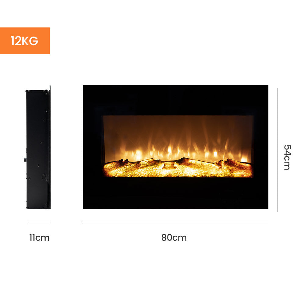 1800W Wall Mounted 80cm Electric Fireplace Heater Flame Effect Options