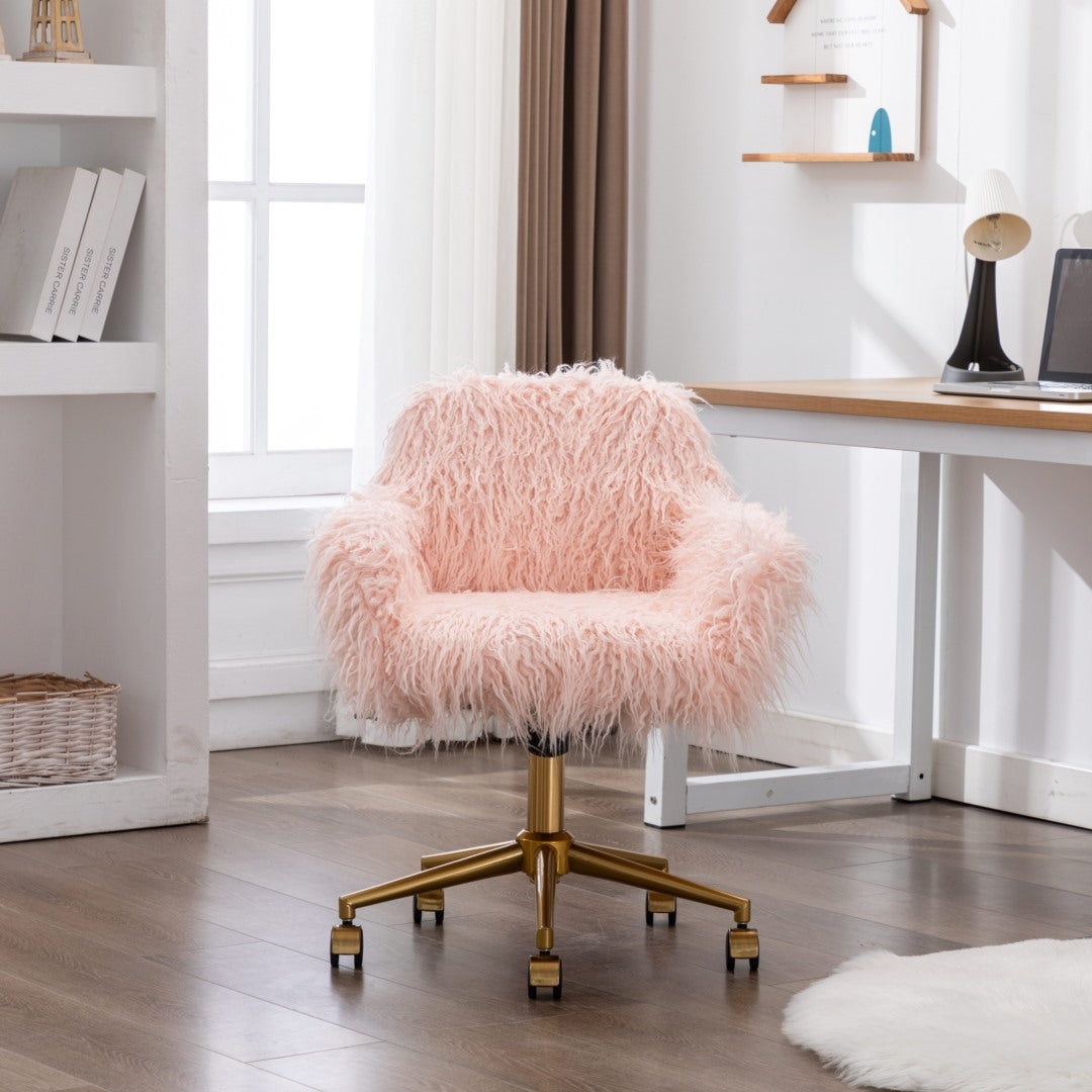 Fluffy Office Chair Faux Fur Modern Swivel Desk Chair-Pink