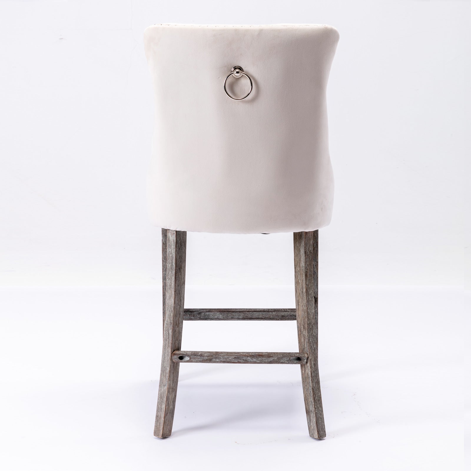 2X Velvet Beige Bar Stools with Studs Trim Wooden Legs Tufted Dining Chairs Kitchen