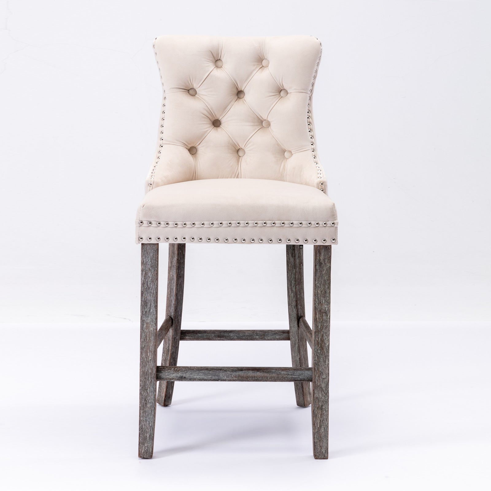 2X Velvet Beige Bar Stools with Studs Trim Wooden Legs Tufted Dining Chairs Kitchen