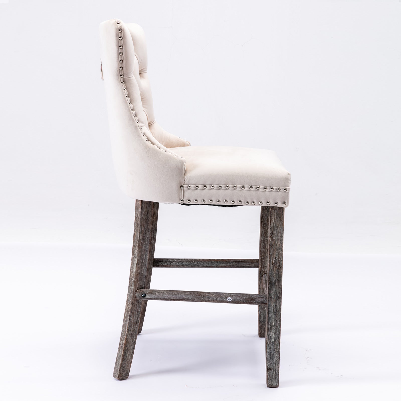 2X Velvet Beige Bar Stools with Studs Trim Wooden Legs Tufted Dining Chairs Kitchen
