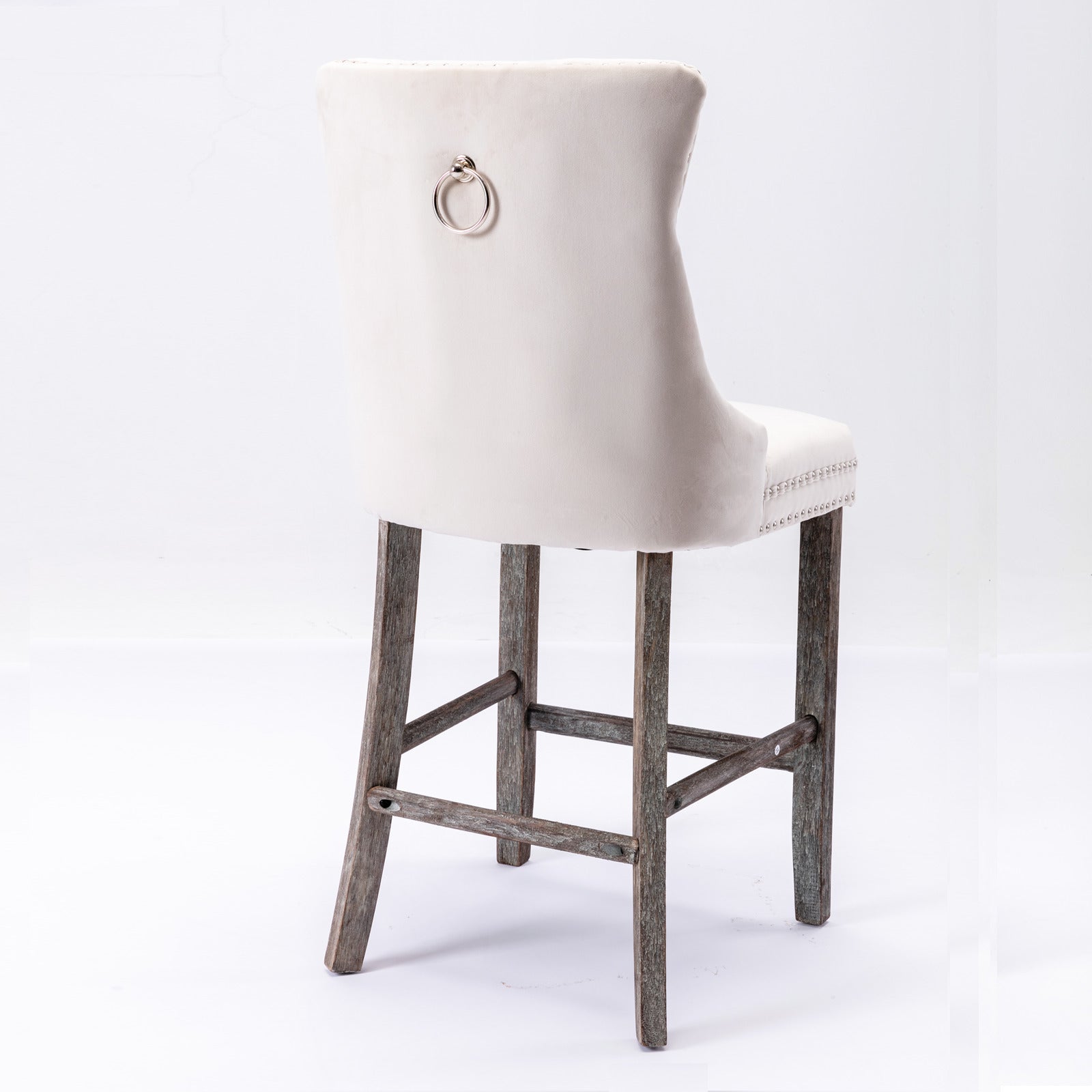 2X Velvet Beige Bar Stools with Studs Trim Wooden Legs Tufted Dining Chairs Kitchen